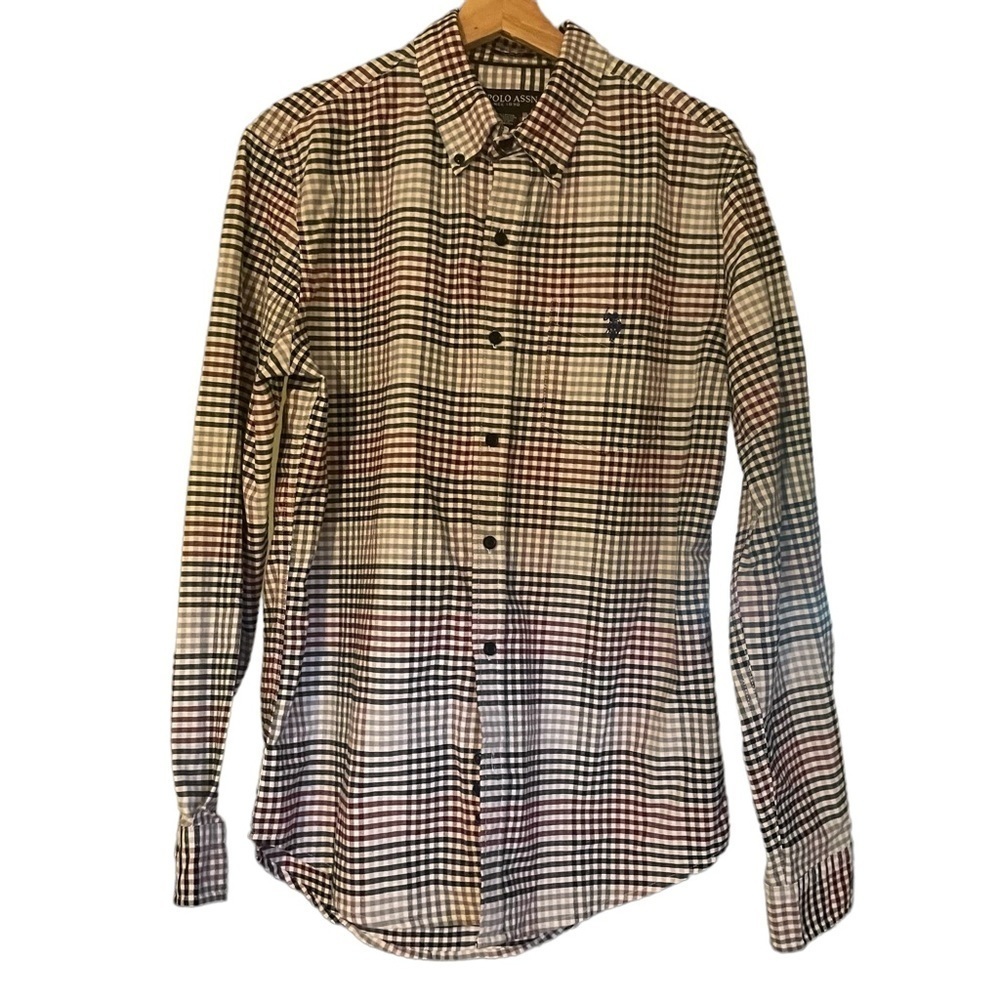 Slim Gingham Plaid Fit Long Sleeve Collar Shirt Size M